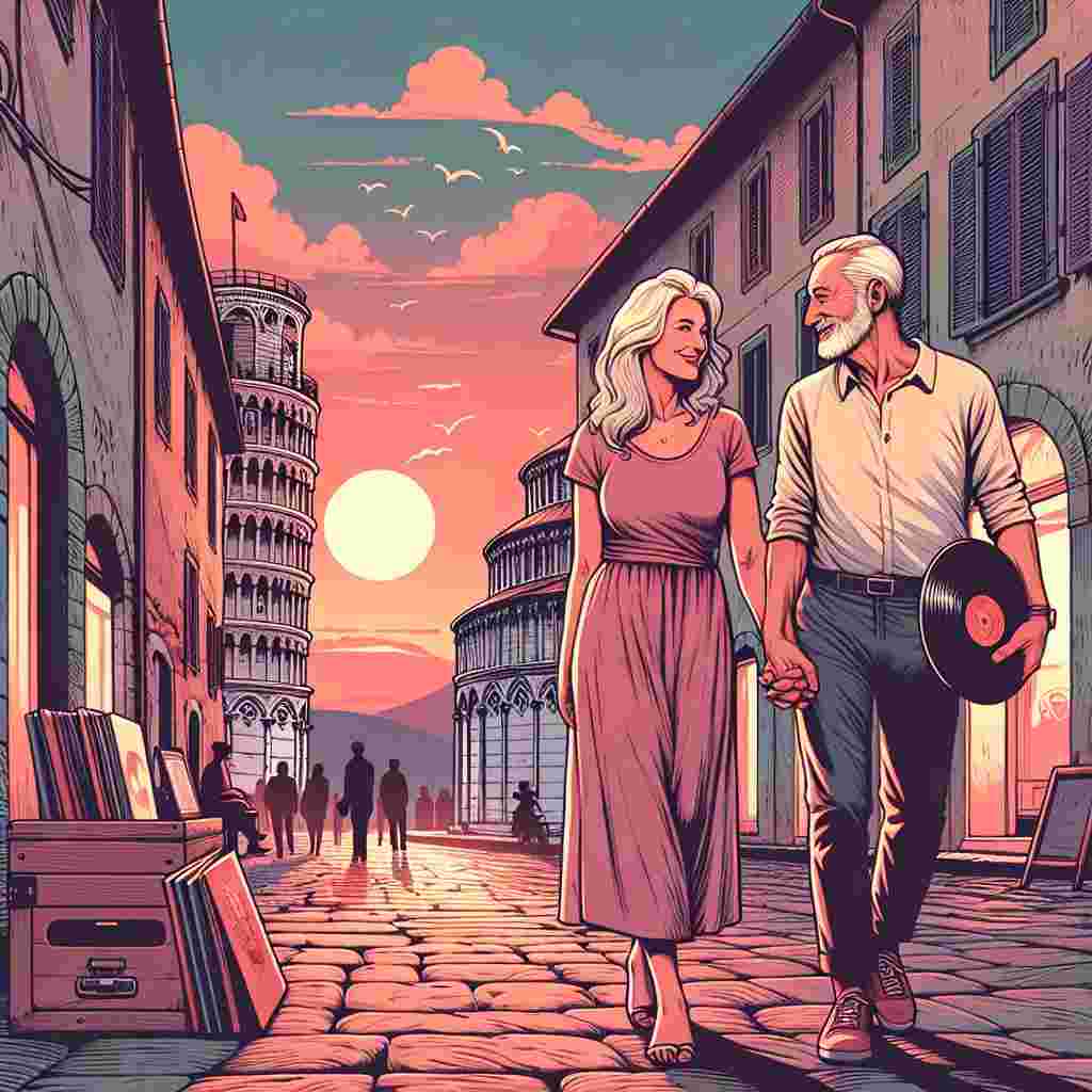 Create a soothing Valentine's Day illustration that features a Caucasian middle-aged couple strolling down an old cobblestone street in Italy. They are holding hands and sharing a loving glance, both casually dressed. The gentleman is carrying a vinyl record under his arm. The sky above them is painted with the warm shades of a setting sun, in hues of pink and orange, casting a romantic ambiance. Adding to the scene's charm, there's a silhouette of the Leaning Tower of Pisa in the background. The image, filled with warmth and comfortable intimacy, encompasses the sentiment of Valentine's Day.
Generated with these themes: Walking, Vinyl record, Italy, White middle aged couple, and Love.
Made with ❤️ by AI.