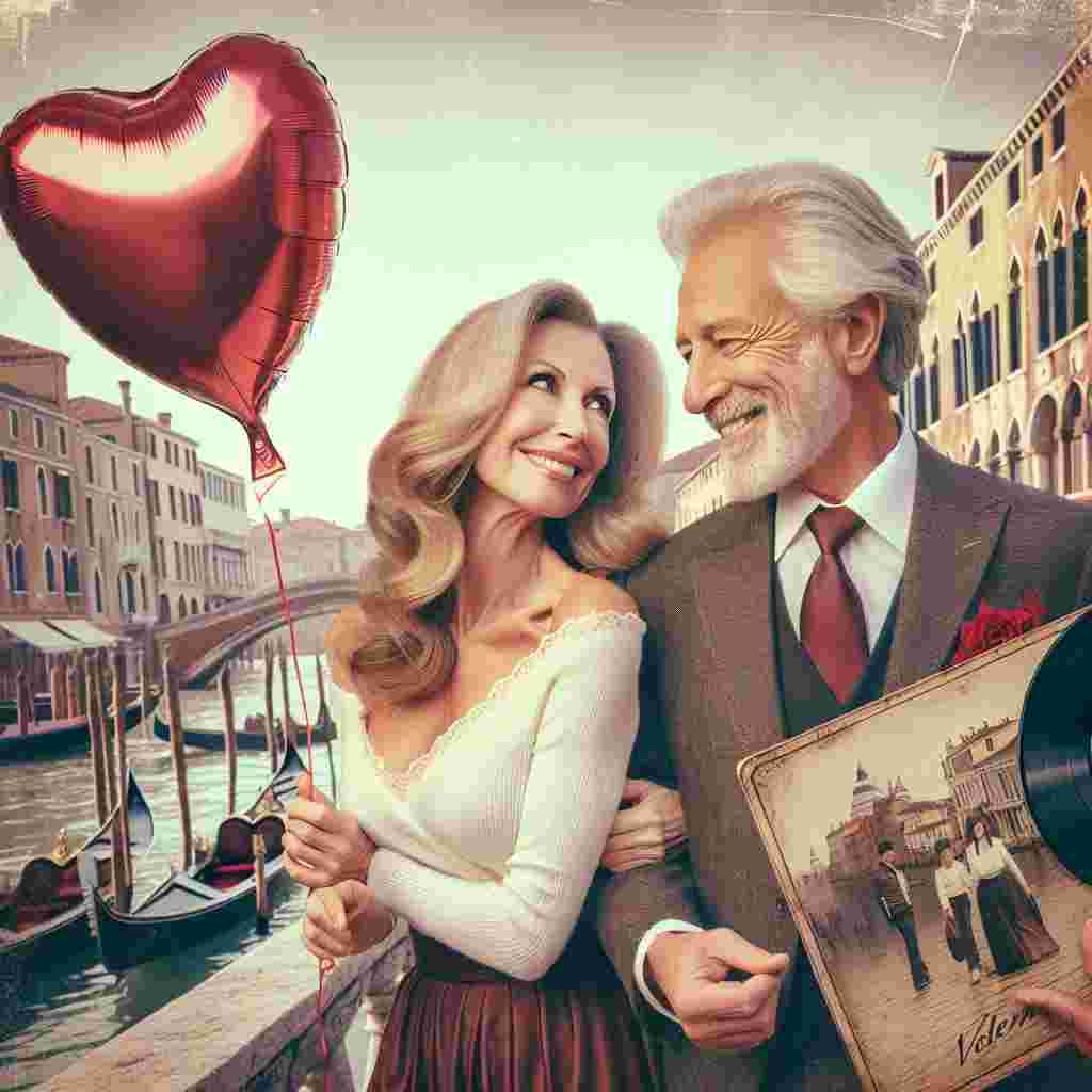 Create a Valentine's day-themed image featuring a Caucasian, middle-aged couple strolling across a bridge in Venice. The woman is joyously holding a heart-shaped balloon, while the man, adjacent to her, is nostalgically holding a vinyl record. Their gentle looks and contented smiles embody the palpable affection between them. The background features Italy's iconic gondolas and distinct Venetian architecture, contributing to an enchanting scene. It's as if one is looking at a moment of lasting love set against the eternal allure of Italy.
Generated with these themes: Walking, Vinyl record, Italy, White middle aged couple, and Love.
Made with ❤️ by AI.