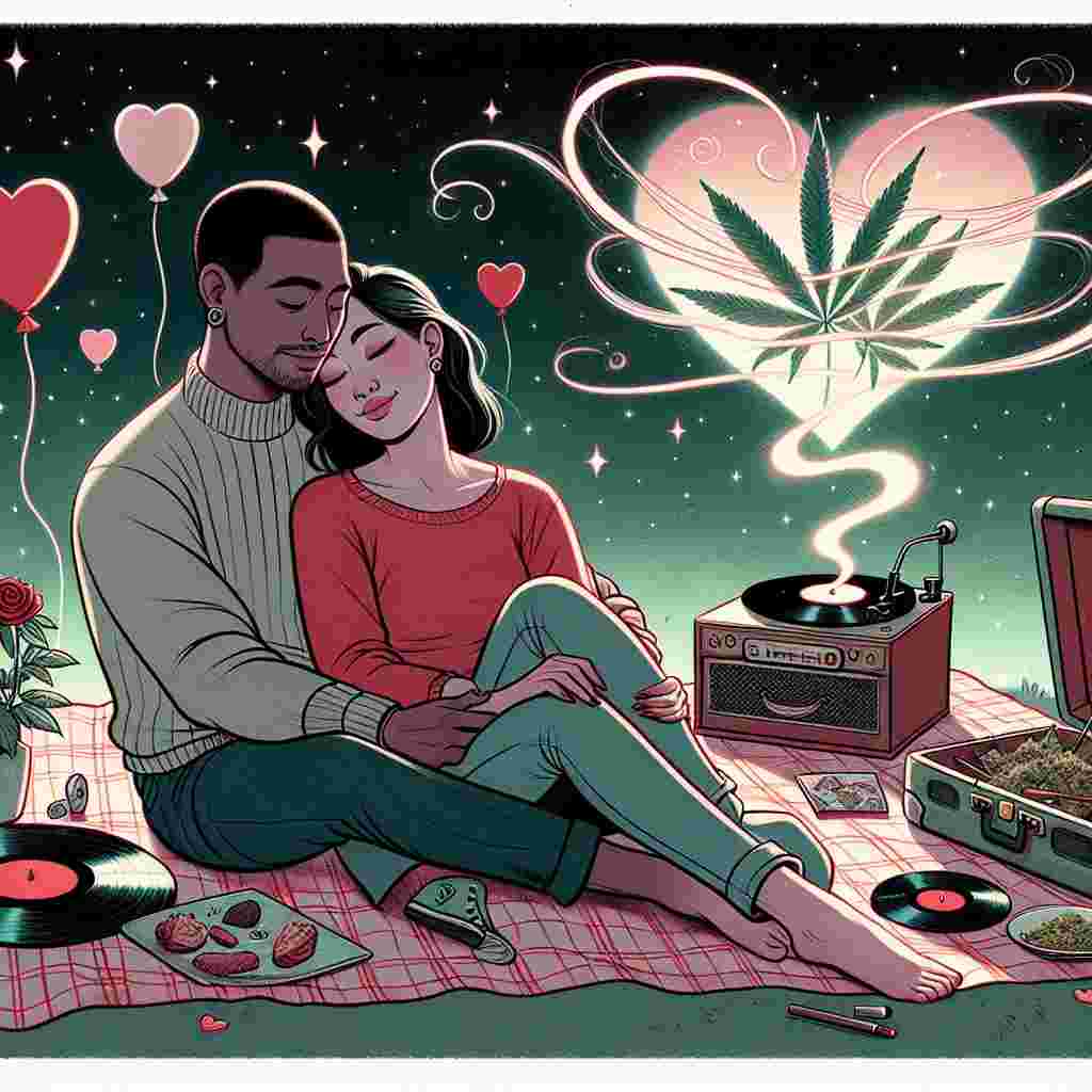 Illustrate a softly lit scene under a starry sky, where an affectionately posed, diverse couple, one being an Hispanic male and the other an Asian female, cozily cuddle on a picnic blanket. They're surrounded by Valentine's Day-themed elements like heart-shaped balloons and red roses. In a corner, an old-fashioned record player plays music, its notes visually morphing into heart shapes. A subtle, smoke-like illustration, representative of cannabis, fuses with the music notes. Whimsical images of cannabis leaves and vinyl records are scattered throughout. The couple's deep connection hints at a romantic and intimate theme.
Generated with these themes: Music, Weed, and Sex.
Made with ❤️ by AI.