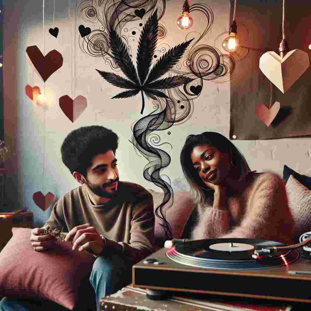 Create an image of a charming Black woman and a South Asian man enjoying their time in a bohemian-styled room overflowing with Valentine's decor such as paper hearts, string lights and plush pillows. In the corner of the room, there's a vintage turntable from which musical notes seem to float and blend in with the surroundings. Above their heads, stylized smoke patterns representing a faint trace of cannabis curl into abstract shapes. The couple, engrossed in each other's company, shares a subtle, suggestive glance, reflecting their mutual attraction and desire.
Generated with these themes: Music, Weed, and Sex.
Made with ❤️ by AI.