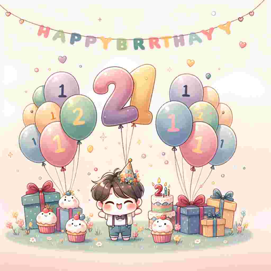 Illustrate a peaceful scene with a soft-hued background. In the center, a charismatic cartoon figure of undefined descent is grinning happily, clutching a colorful bouquet of balloons. The balloons carry the numbers '2' and '1' emblazoned across their surface. A festoon hangs above, joyfully declaring 'Happy 21st Birthday' while underneath exists an array of petite, appealing presents and cupcakes, each adorned with a solitary candle, enhancing the delightful theme of turning 21.
Generated with these themes: 21st birthday .
Made with ❤️ by AI.