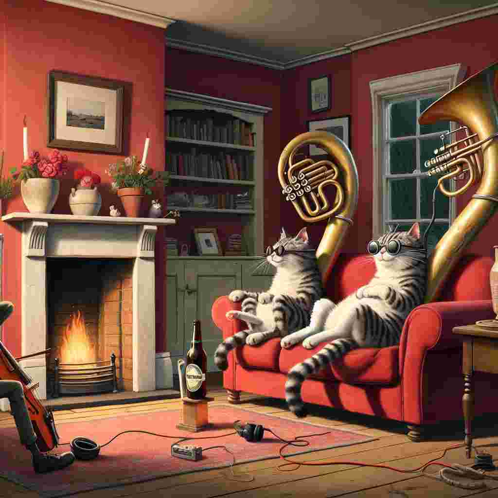 A cozy interior scene inside a living room where a pair of cats are lounging on a crimson sofa. Their tails form the shape of a heart, displaying affection. In the background, a fireplace is quietly crackling, providing warmth to the room. A bassoon rests against the mantle, its whimsical notes filling the space with rhythm and melody. A vintage Guinness bottle is repurposed as a vase on the coffee table, cradling a whimsical bouquet of oversized, cartoonish flowers. An animated character wearing headphones stands in the room, recording a love song. The hilarious lyrics make the cats put on sunglasses and nod their heads, heralding an atmosphere of jest and rhythm for a comical Valentine's Day.
Generated with these themes: Bassoon, Recording, Guinness, and Cats.
Made with ❤️ by AI.
