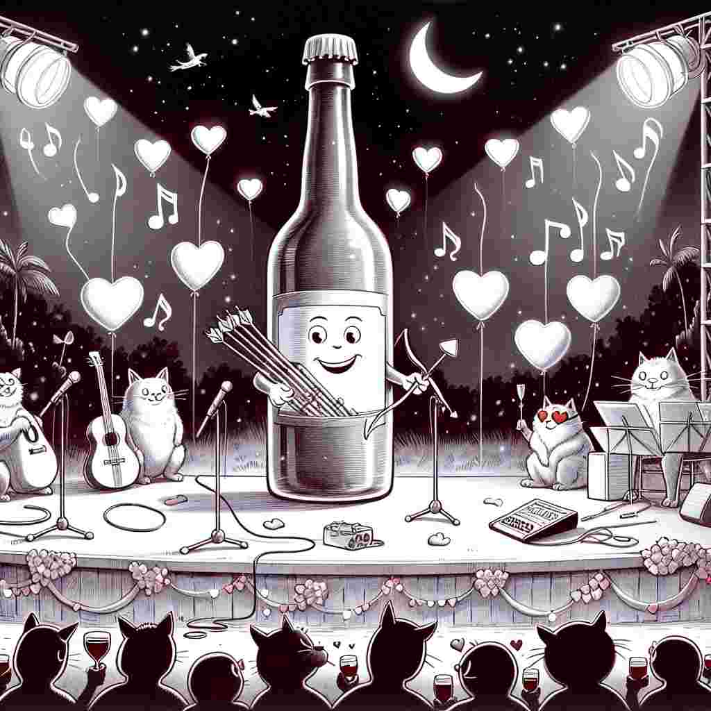 Visualize an outdoor park under a clear, starry night sky. In the middle, there is a giant bottle impersonating cupid, complete with a quiver full of arrows, and an enormous smile on its face. Musical notes seem to be dancing in the air, originating from a large bassoon placed on a stage adorned with Valentine's Day decorations. Off to one side, four cats with funny faces are setting up audio recording equipment, capturing the ambiance of the festivities. Heart-shaped balloons float upwards, while an eager audience made up of various animated couples from different descents looks forward to a night full of entertaining tunes and toasts of non-alcoholic beverages, celebrating love and laughter on Valentine's Day.
Generated with these themes: Bassoon, Recording, Guinness, and Cats.
Made with ❤️ by AI.