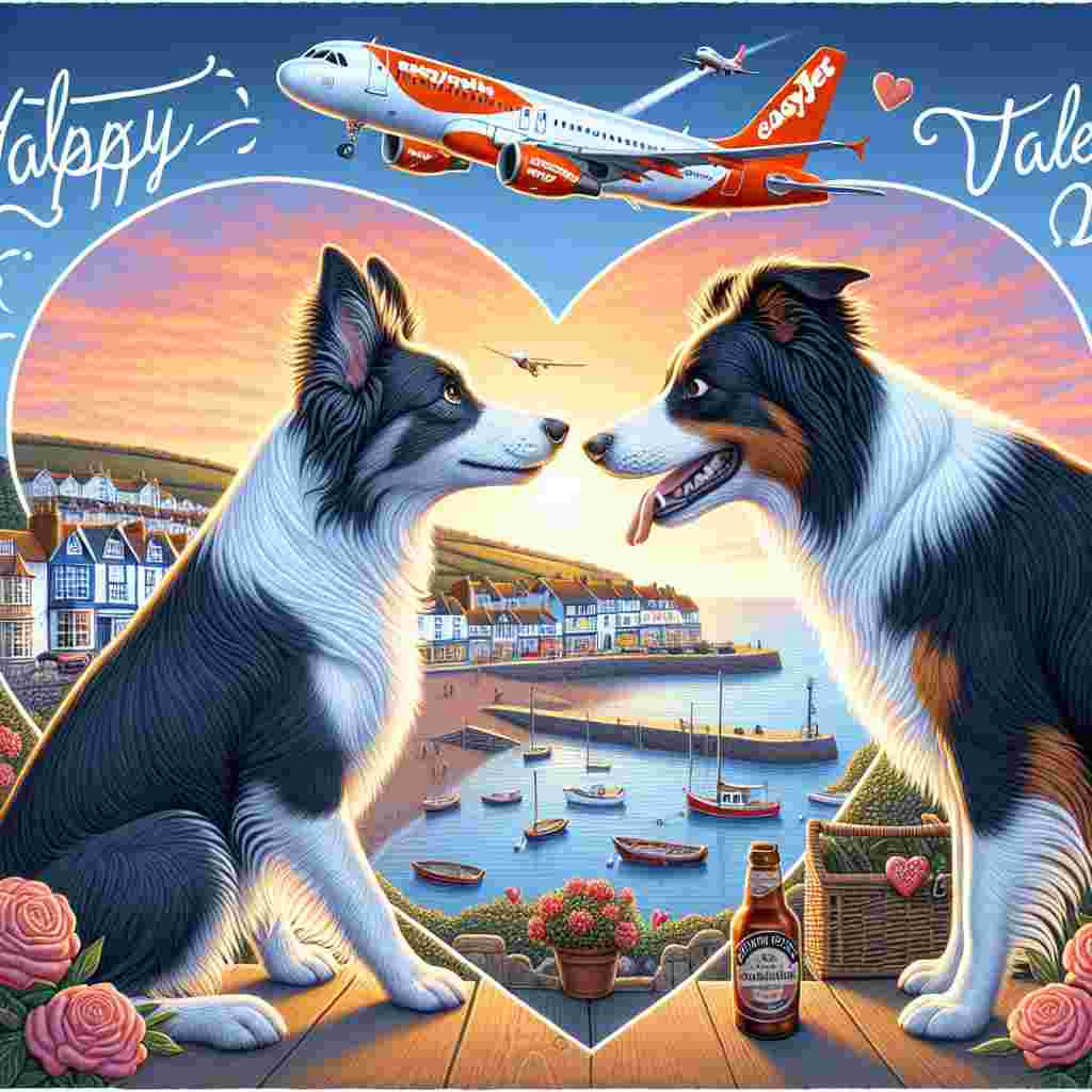 Create an enchanting illustration for Valentine's Day, featuring two border collies engaging in a playful flirtation as their gaze locks. One collie nudges a Brewdog towards the other, a symbol of endearing attention. Behind them is the quaint seaside town of Lyme Regis under an evening sky, including the iconic Cobb harbour's distinct outline softly illuminated. An easyJet A320 aircraft soars in the sky overhead, trailing a banner that warmly wishes 'Happy Valentine's Day!'. The heartwarming scenery is perfectly encapsulated within a heart-shaped border, underscoring themes of love and friendship.
Generated with these themes: Two border collies, Brewdog beer, Lyme regis, EasyJet a320, and Flirting.
Made with ❤️ by AI.