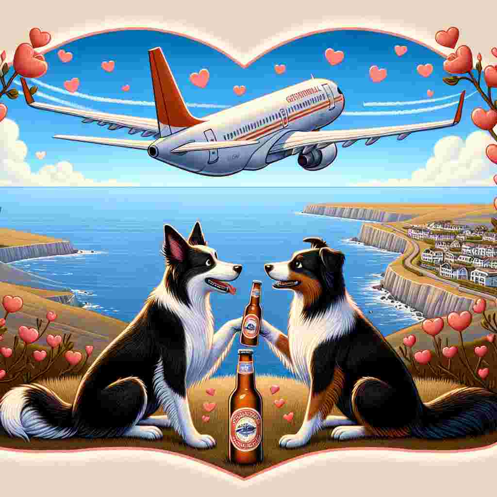 This is a charming illustration signifying the essence of Valentine's Day, showing two border collies interacting flirtatiously in the center, exchanging meaningful looks as one presents the other a bottle of generic craft beer. They are perched atop the scenic cliffs of a coastal town, with the calm ocean expanding into the horizon. High in the sky, a standard A320 commercial airplane is observed transiting, leaving behind a trail of hearts. The entire scene is delicately framed within a soft, romantic border, accentuating the playful yet intimate incidents of the day earmarked for love.
Generated with these themes: Two border collies, Brewdog beer, Lyme regis, EasyJet a320, and Flirting.
Made with ❤️ by AI.