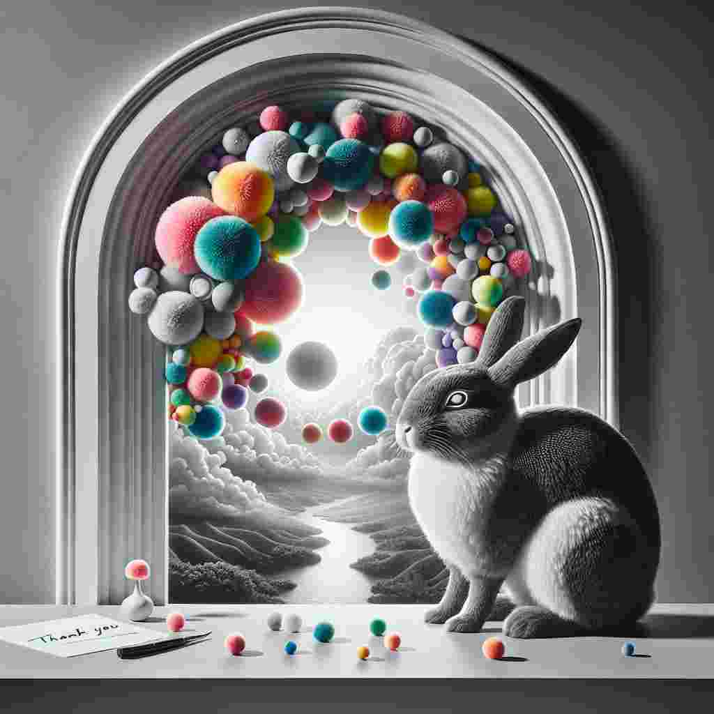 Create a surreal, yet realistic imagery that beautifully combines normality with imagination. The centerpiece is a monochromatic rabbit, intricately detailed in shades of black and white, standing before an arch window presenting a dreamlike scene. The rabbit's eyes mirror an array of colorful pompoms, dynamic and playful, suspended like dreamy nebulae across the landscape. The senses are further intrigued by an underlying cheese aroma permeating the air, juxtaposing the mundane with the extraordinary. Amid this unconventional arrangement, also integrate a thank you note, making the whole tableau as heartfelt as it is unusual.
Generated with these themes: Black and white rabbit, Arch window, Pom poms, and Cheese .
Made with ❤️ by AI.