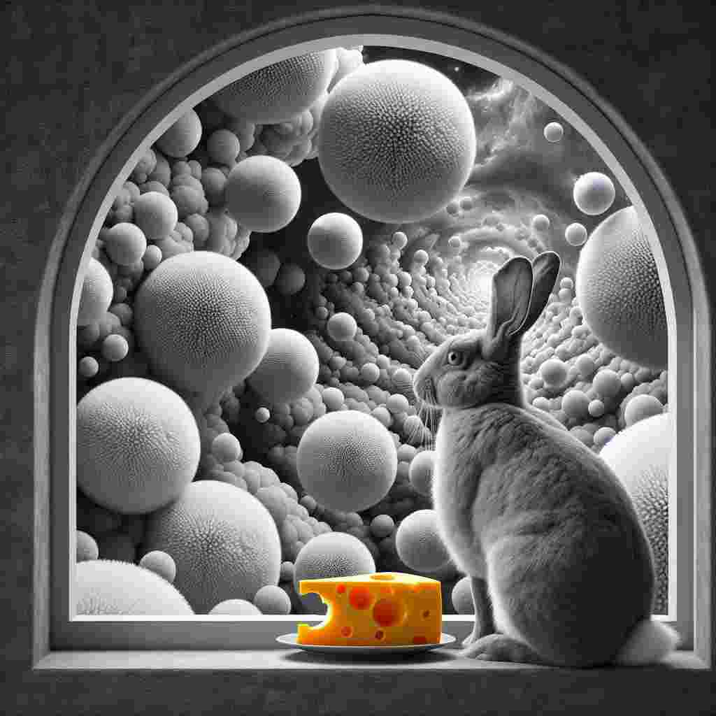 Create an image in a Surreal Realistic style where the conventional meets the extraordinary. It features a monochromatic, accurately rendered rabbit observing with curiosity through an arch window. The window reveals a cosmos of floating pompoms, their vibrant hues softened to greyscale, providing a seamless blend with the rabbit's appearance. The idiosyncrasy of this tranquil setting is emphasized by the presence of cheese positioned within the rabbit's reach. It encourages a message of comfort and sustenance amidst this surreal environment. Close attention should be paid to depicting gratitude through the marrying of these everyday and fantastical elements.
Generated with these themes: Black and white rabbit, Arch window, Pom poms, and Cheese .
Made with ❤️ by AI.