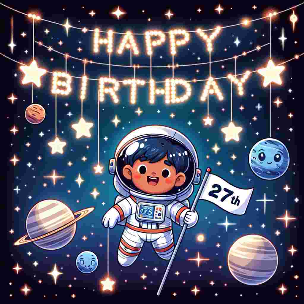 A space-themed illustration, with a cute astronaut floating among planets and stars. The astronaut is holding a flag that says '27th', while a constellation in the shape of the words 'Happy Birthday' glimmers prominently in the cosmic background, creating a celestial celebration.
Generated with these themes: 27th  .
Made with ❤️ by AI.