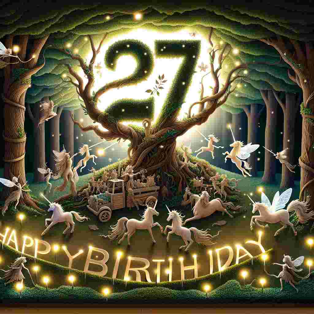 An enchanting forest setting where magical creatures like fairies and unicorns are celebrating around a mystical, glowing tree. Carved into the tree is '27th', illuminated by fireflies. In the foreground, 'Happy Birthday' is written with leaves and vines, winding across the scene in an organic, natural font.
Generated with these themes: 27th  .
Made with ❤️ by AI.