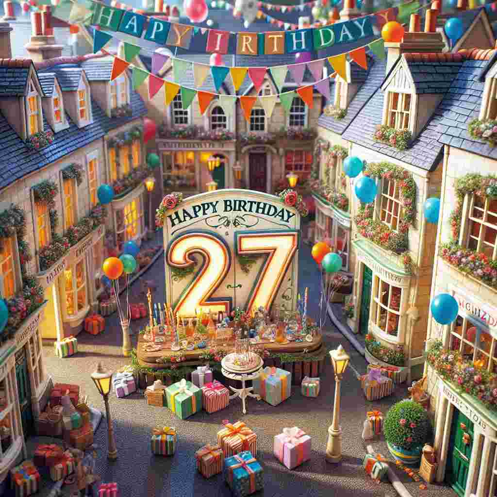 A charming village scene with tiny, adorable houses and a festive street party in full swing. Balloons and streamers fill the air, and in the center, a banner reading 'Happy Birthday' hangs. Prominently displayed in the scene is a decorative sign with '27th' etched into it, standing next to a table laden with gifts.
Generated with these themes: 27th  .
Made with ❤️ by AI.