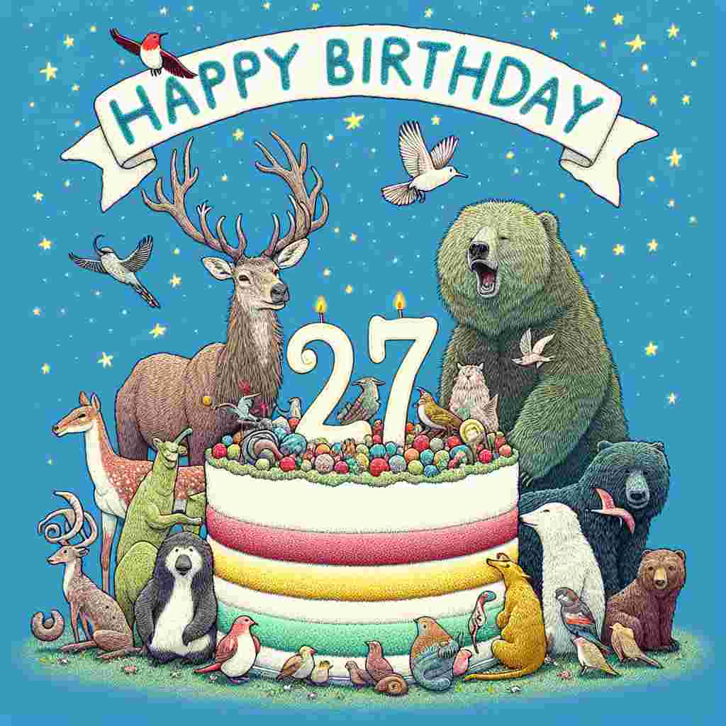 A whimsical illustration featuring a cheerful group of animals gathered around a large, colorful cake with '27th' in bold icing on the top. Above them, 'Happy Birthday' is written in playful, bubbly letters, draped across the top like a banner against a sky blue background dotted with tiny, sparkling stars.
Generated with these themes: 27th  .
Made with ❤️ by AI.