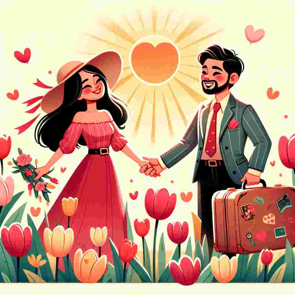 Illustrate a charming Valentine's Day image portraying a sunny afternoon where a Hispanic woman and a Middle-Eastern man are holding hands in a field of vibrant tulips. To the side of the couple is a vintage suitcase implying a possible romantic trip. Over them, the bright sun radiates a comforting warmth onto the happy scenario.
Generated with these themes: Tulips, Travel , and Sun.
Made with ❤️ by AI.