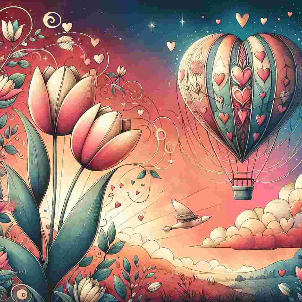 Create a whimsical Valentine's Day themed illustration. The main focus is a pair of intertwined tulips in the foreground, which serve as a symbol for love and affection between two people. Blend this depiction with a background detailing a journey and adventure. The backdrop should include a beautifully decorated hot air balloon, heavily adorned with hearts, soaring high amidst a radiant and beautifully sunlit sky.
Generated with these themes: Tulips, Travel , and Sun.
Made with ❤️ by AI.