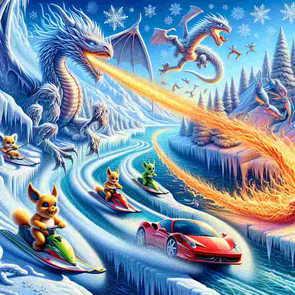 Illustrate a scene with a surreal seasonal blend of winter and summer. Above the snow-covered slopes, magnificent glistening dragons tow skiing Furbies, their fiery breath carving a path through the snow below. This melting snow forms a winding river on which water skiers perform impressive zigzag maneuvers, being pulled by a glossy Ferrari racing over the icy terrain. The scene is filled with a celebratory atmosphere, with fluttery snowflakes vibrating with splashing water droplets, encapsulating the invigorating spirit of a non-traditional Father's Day in this fantastical scene.
Generated with these themes: Dragons, Furby, Water skiing, Ferrari, and Snow skiing.
Made with ❤️ by AI.