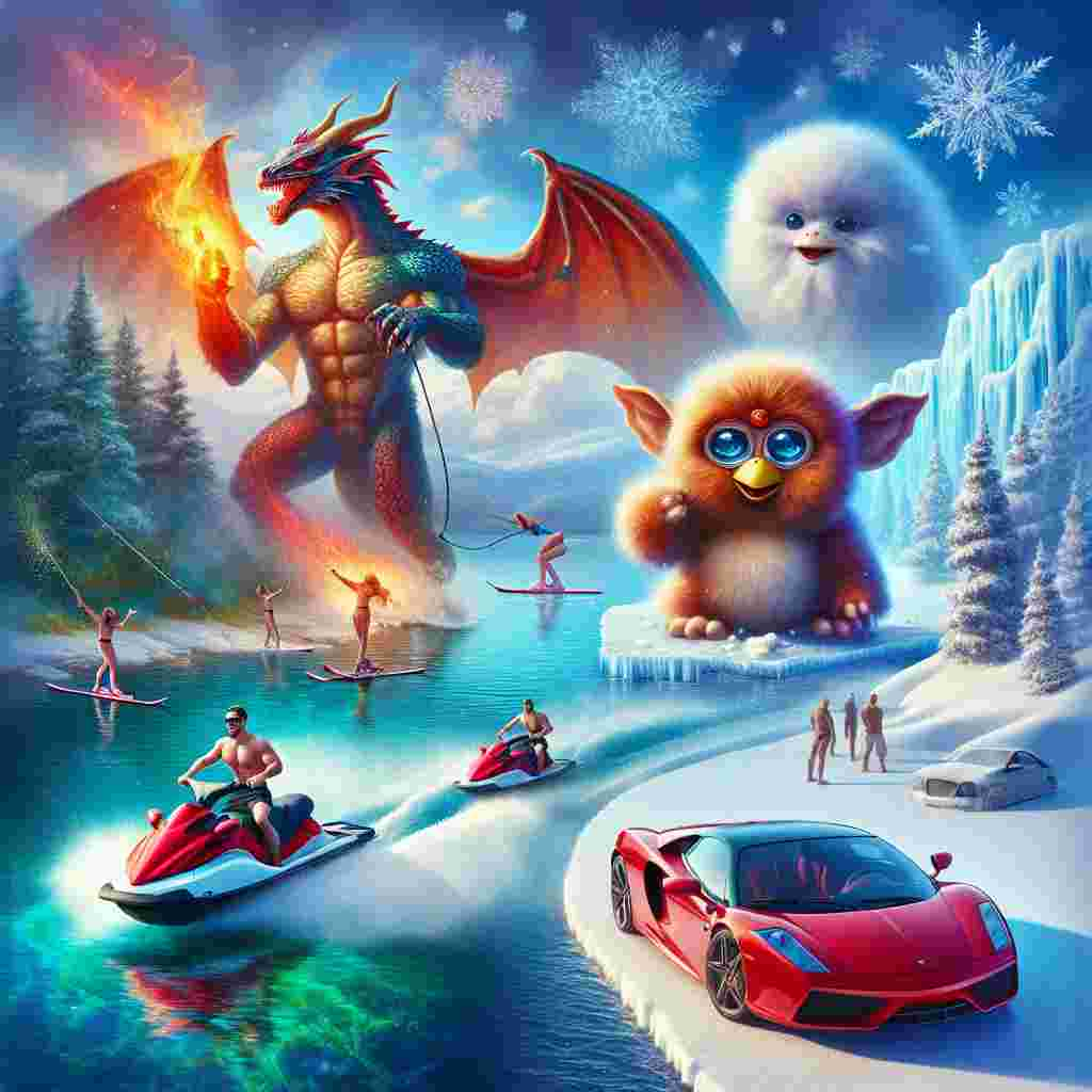 Create an imaginative and vivid Father's Day scene set within a dreamy landscape. Portray fantastical creatures, such as muscular dragons with a fiery aura and oversized, fuzzy creatures similar to Furbies, coexisting in harmony. Show the dragons using their formidable tails to pull water skiers across a gleaming, transparent lake. Next to this scene, depict a luxurious sports car with a glossy red hue parked on an iceberg floating on the lake, awaiting someone to engage in snow skiing. Depict a mix of delicate snowflakes falling from the sky and lake mist, creating an enchanting illusion of blending summer and winter activities in this extraordinary celebration.
Generated with these themes: Dragons, Furby, Water skiing, Ferrari, and Snow skiing.
Made with ❤️ by AI.