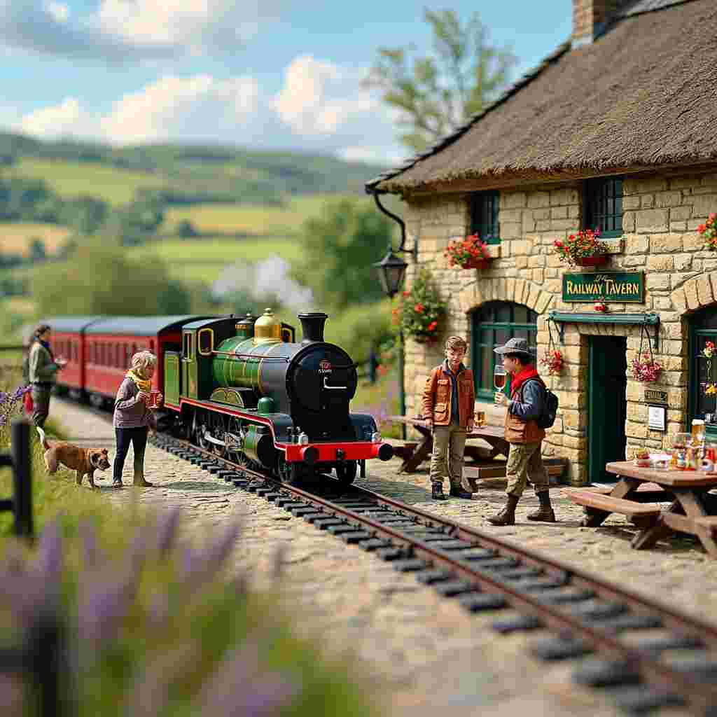 In the middle of a picturesque Yorkshire countryside, a quaint village is bustling with an unusual but delightful birthday celebration. Center stage is a beautifully detailed Hornby model train set, running on a miniature track that winds through lush green fields and rolling hills. The tiny train, a vintage steam engine with polished brass fittings and vivid red and green carriages, chugs merrily along. 

On one side of the track, a group of friends are engaged in a leisurely walk along a cobblestone path, each holding a glass of red wine or a pint of frothy beer. The wine glasses glint in the sunlight, filled with rich burgundy liquid, while the beer glasses boast golden amber hues with a perfect foamy head. The friends are dressed in casual hiking attire, with colorful scarves and sturdy walking boots, reflecting their love for the Yorkshire outdoors.

Nearby, a charmingly rustic pub with a thatched roof and hanging flower baskets serves as the backdrop. A whimsical pub sign swings gently in the breeze, reading "The Railway Tavern." Outside, wooden picnic tables are adorned with birthday decorations—streamers, balloons, and a large banner that reads, "Happy Birthday!" 

Underneath one of the tables, a curious dog, a Yorkshire Terrier with a red bandana, peers out playfully, eyeing a model train figurine that has somehow found its way off the tracks. The detail in the terrier’s fur and the twinkle in its eye add a touch of heartwarming realism to the scene.

In the distance, the rolling Yorkshire hills and patchwork fields stretch towards the horizon, with dry stone walls marking boundaries. A hint of heather adds splashes of purple amongst the greens and browns. Above, the sky is a brilliant blue with just a few fluffy clouds drifting lazily by, completing this vivid, humorously idyllic birthday scene.

This card will capture not only the charm of the Yorkshire landscape but also the camaraderie of friends, the joy of hobbies like model trains, and the simple pleasures of walking, wine, and beer.
Generated with these themes: Trains Red Wine Beer Hornby Walking Yorkshire.
Made with ❤️ by AI.