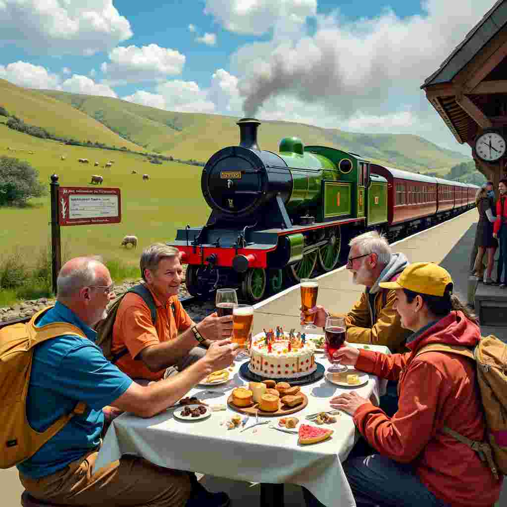 Picture a vibrant, bustling train station in the heart of Yorkshire, nestled amidst rolling green hills dotted with grazing sheep. The platform is alive with activity: a gleaming vintage Hornby steam train, its polished brass and deep green paint glistening in the sunlight, huffs impatiently on the tracks. The train's carriages are festooned with colorful bunting and balloons, indicating a festive occasion.

In the foreground, a group of jovial walkers, clad in an array of brightly colored hiking gear, are raising their glasses in a toast. One holds a hefty pint of frothy Yorkshire ale, the amber liquid catching the light. Another clinks glasses with a friend holding a generously filled glass of rich, red wine, the deep crimson contrasting beautifully with the green hills behind.

A small table, set up near the station's entrance, is laden with birthday goodies: a large, elaborately decorated birthday cake shaped like a train, complete with licorice tracks and candy wheels, and a variety of snacks typical of a Yorkshire picnic, such as pork pies and wedges of Wensleydale cheese.

Adding to the charm, a small, impeccably detailed model Hornby train set circles the table, complete with tiny figures waving from the miniature carriages. Nearby, a signpost painted in classic British Rail colors points the way to famous Yorkshire landmarks, while a whimsical station clock ticks away the moments of this perfect birthday celebration.

In the background, the picturesque Yorkshire Dales stretch out under a brilliant blue sky, with a few fluffy clouds lazily drifting by. The scene is a delightful mishmash of trains, tipples, and trekking, all wrapped up in the warmth of a joyous birthday celebration.
Generated with these themes: Trains Red Wine Beer Hornby Walking Yorkshire.
Made with ❤️ by AI.