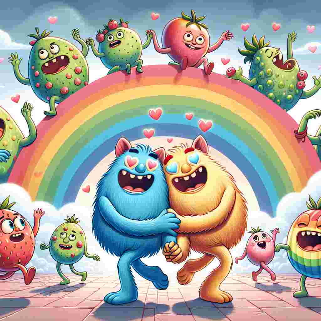 Create a heartening Valentine's Day celebration themed illustration. In the foreground, depict a playful and spirited gay couple, presented as endearing and cuddly monster-like creatures, sharing affectionate looks and laughter. In the background, include lively anthropomorphic fruits indulging in a dance on a path towards a grand rainbow, signifying the delight and spectrum of love. The overall atmosphere should be filled with warmth, love, and a sense of whimsy.
Generated with these themes: Fruit, Rainbows , Homosexuals, Gay, and Monsters.
Made with ❤️ by AI.