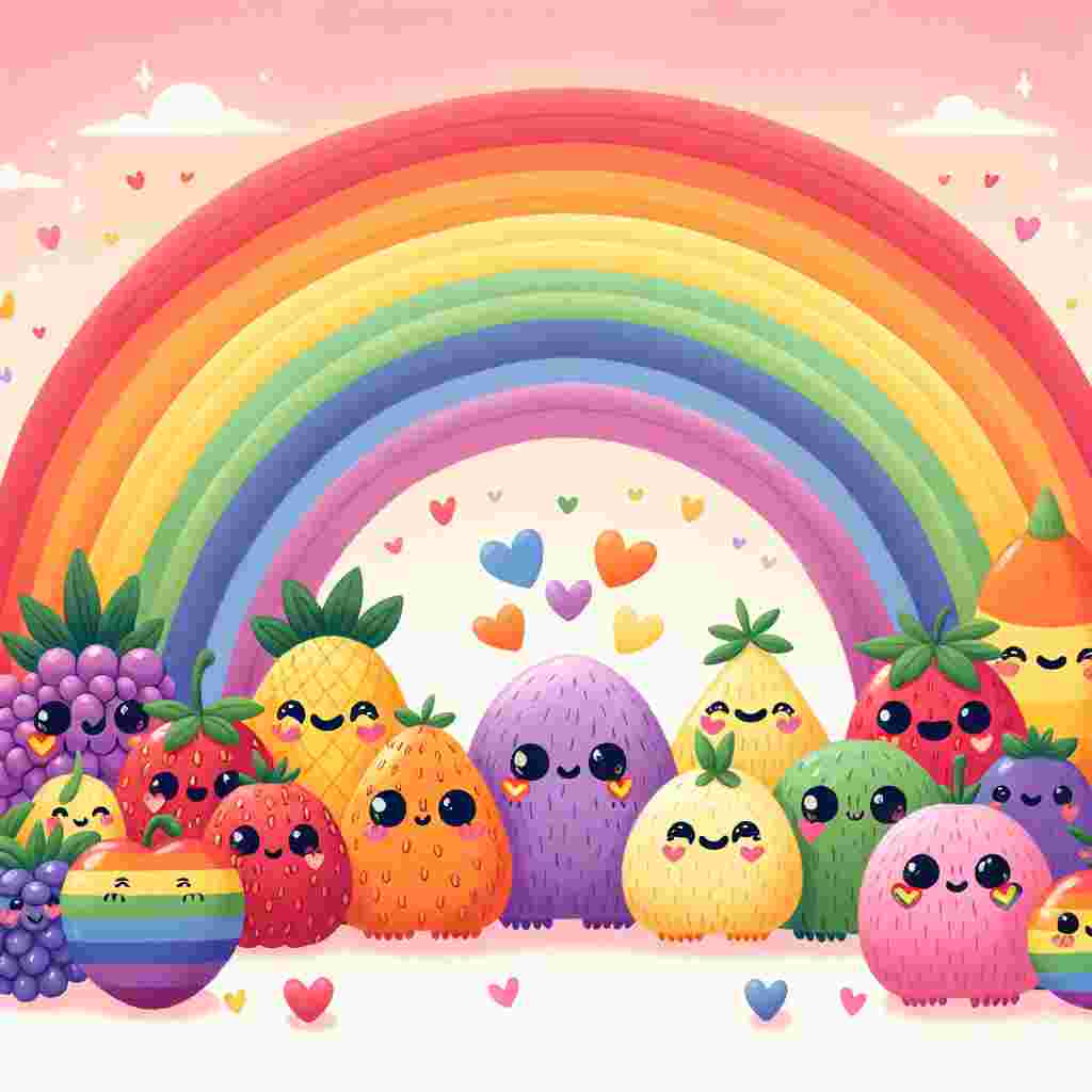 Create a vibrant, charming valentine-themed illustration. The scene features an array of anthropomorphized fruits with cheerful faces, situated at the base of a large, color-streaked rainbow. Underneath the arch of the rainbow, two adorable monsters with hearts for eyes stand. These monsters have subtle rainbow stripes on their fur, symbolizing their queer identities. They're holding hands, their warm embrace standing out against the backdrop of the colorful sky. The overall atmosphere of this scene is welcoming and inclusive.
Generated with these themes: Fruit, Rainbows , Homosexuals, Gay, and Monsters.
Made with ❤️ by AI.