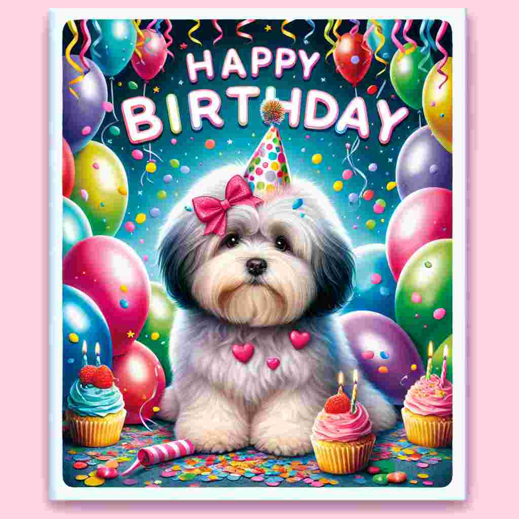 A vibrant birthday card showcasing a fluffy Havanese dog donning a colorful party hat, sitting amidst a plethora of balloons and confetti. The words 'Happy Birthday' float above in a playful, bold font, framed by streamers and cupcakes.
Generated with these themes: Havanese  .
Made with ❤️ by AI.