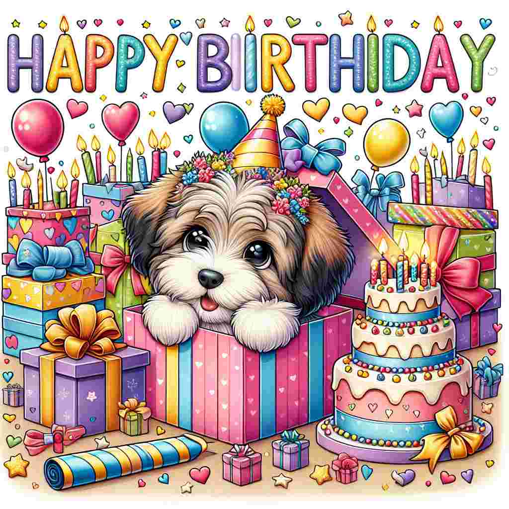 An adorable scene unfolds with a cartoon Havanese puppy peeking out of a gift box surrounded by a festive spread of birthday cakes, presents, and party horns. 'Happy Birthday' is cheerfully inscribed atop the illustration, complemented by small hearts and stars.
Generated with these themes: Havanese  .
Made with ❤️ by AI.
