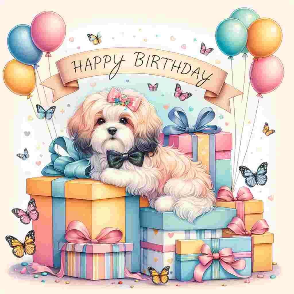 A pastel-hued greeting card that captures a Havanese with a bow tie, sitting next to a pile of birthday presents and atop a banner that reads 'Happy Birthday'. Butterflies flit across the image and balloons float in the background, adding to the cheerful ambiance.
Generated with these themes: Havanese  .
Made with ❤️ by AI.