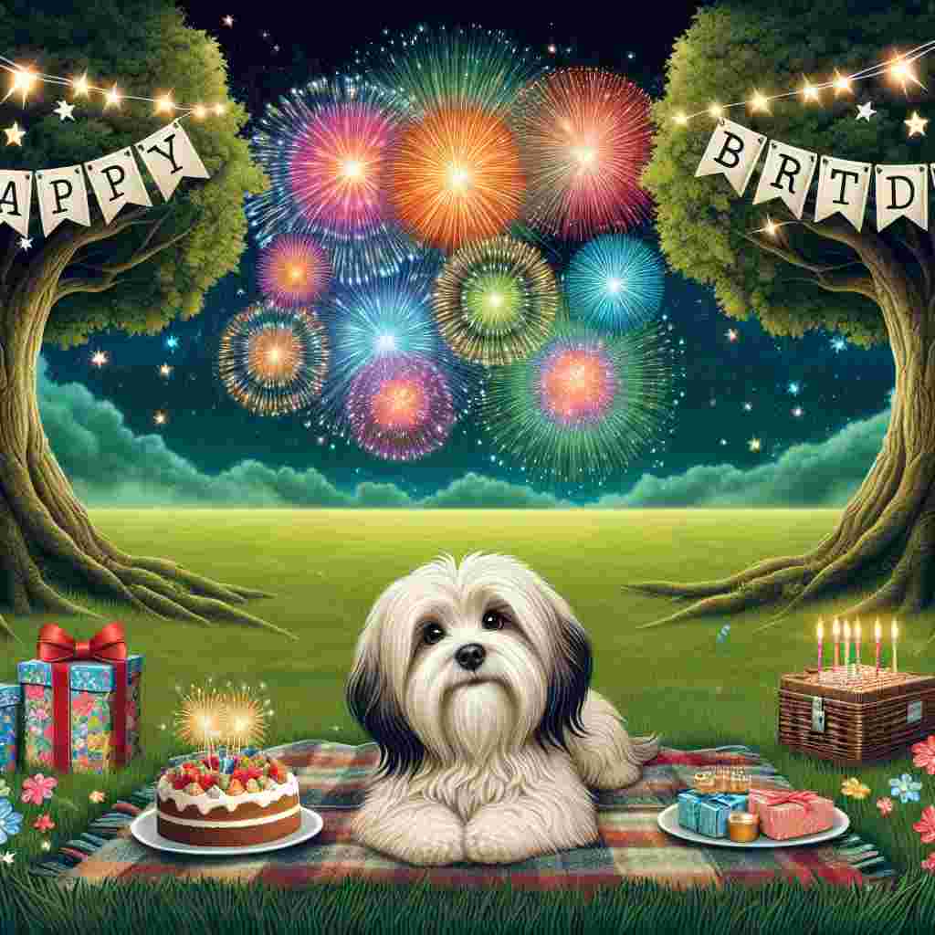 This charming illustration features a cute Havanese lying on a soft, grassy field under a sky filled with fireworks. A birthday banner with the text 'Happy Birthday' stretches between two trees, and a picnic setup with cake and gifts completes the scene.
Generated with these themes: Havanese  .
Made with ❤️ by AI.