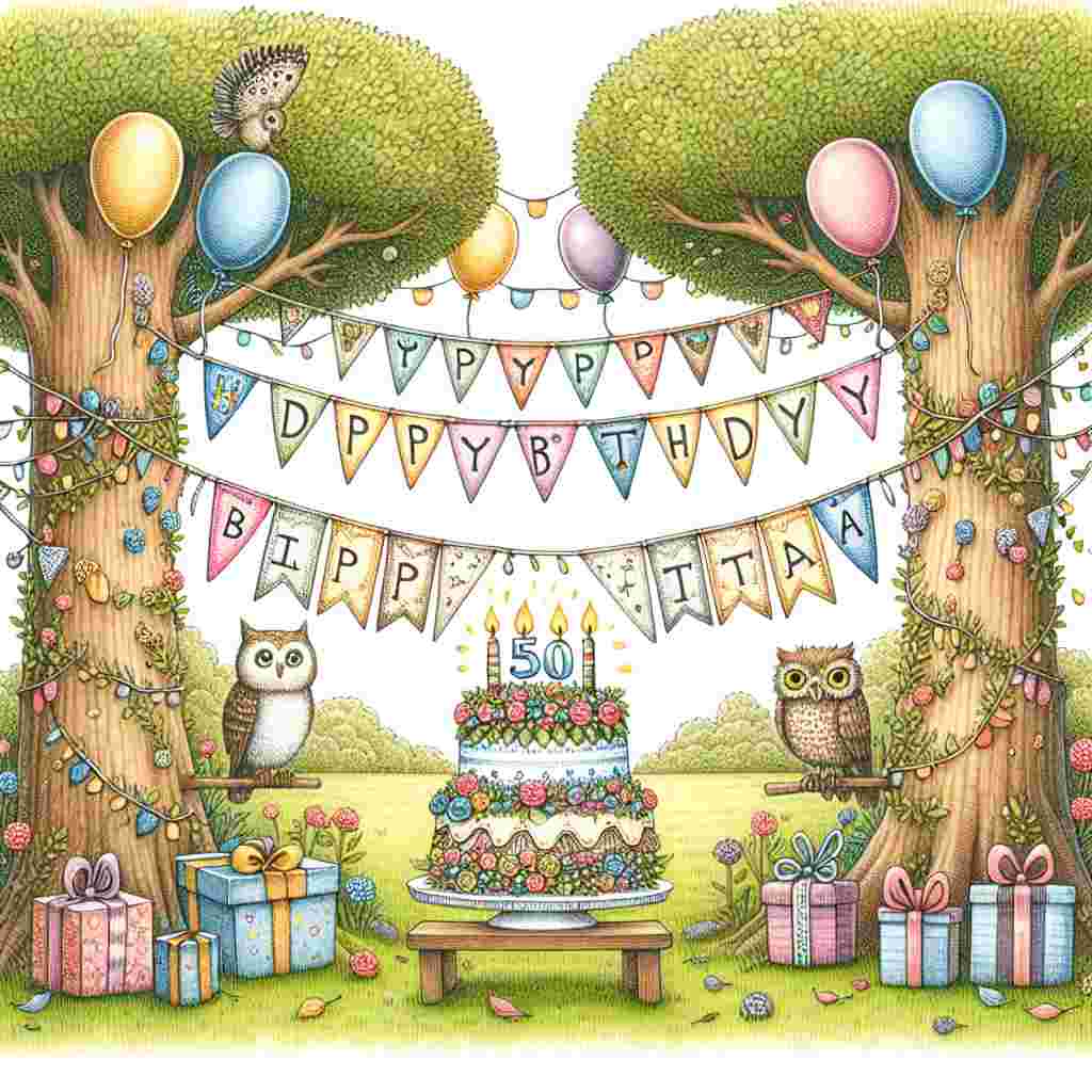 A whimsical illustration featuring a cheerful garden party with bunting flags that spell out '50th.' In the center, a large, hand-drawn 'Happy Birthday' banner drapes across two trees with a cute owl perched on a branch. Colorful balloons, presents, and a cake with 50 candles adorn the grassy ground.
Generated with these themes: 50th  .
Made with ❤️ by AI.