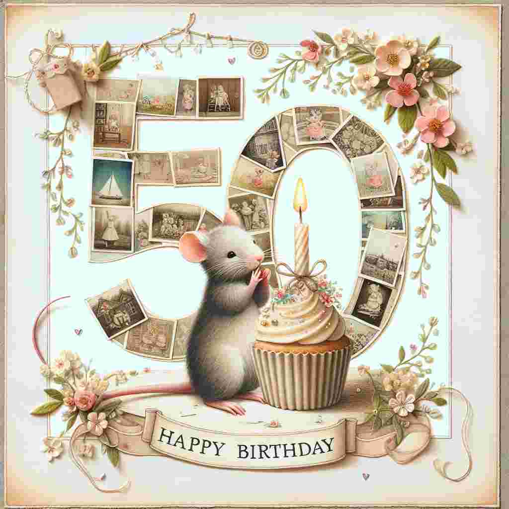A charming vintage-inspired illustration of a tiny mouse blowing out a candle atop a cupcake. Behind the mouse, a delicate 'Happy Birthday' sign strung up with flowers, and the backdrop is a collage of photos forming the number 50, showcasing memories from the years gone by.
Generated with these themes: 50th  .
Made with ❤️ by AI.