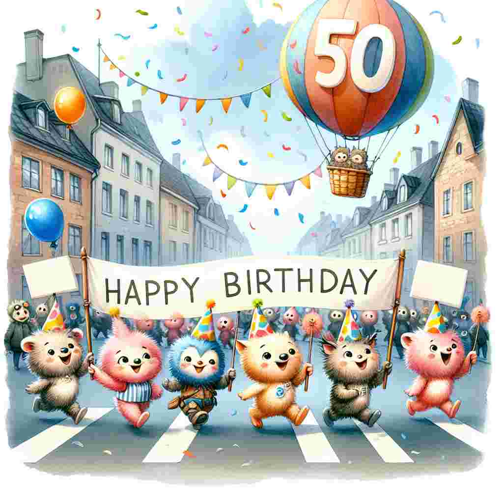 A festive street parade depicted in soft watercolor, with a jolly band of cartoon animals marching and holding up signs that come together to read 'Happy Birthday.' Overhead, a hot air balloon floats by, carrying a large banner with the number 50 on it, as confetti sprinkles down on the scene.
Generated with these themes: 50th  .
Made with ❤️ by AI.