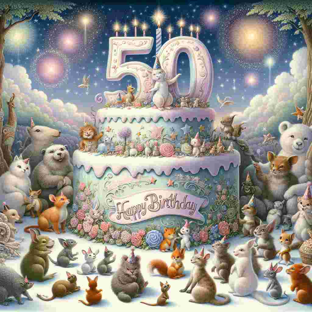 An adorable scene of animated animals gathered around a giant, pastel-colored '50' shaped cake. On the cake, written in icing, is 'Happy Birthday.' Surrounding the cake are small woodland creatures wearing party hats, and the sky is dotted with stars and fireworks to celebrate the 50th birthday.
Generated with these themes: 50th  .
Made with ❤️ by AI.