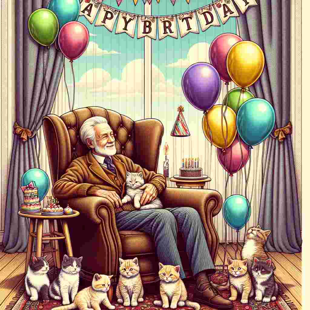 A cozy, vintage-style drawing with great grandad sitting in a comfy armchair, surrounded by playful kittens and colorful balloons. The room is decorated with streamers, and a banner above reads 'Happy Birthday' in elegant cursive.
Generated with these themes: great grandad  .
Made with ❤️ by AI.