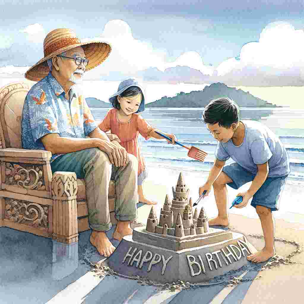 A watercolor beachscape shows great grandad in a sunhat, relaxing on a sandcastle-built throne, grandkids around building the castle. The sea is calm, and the words 'Happy Birthday' are written in the sand, with a tide gently approaching.
Generated with these themes: great grandad  .
Made with ❤️ by AI.