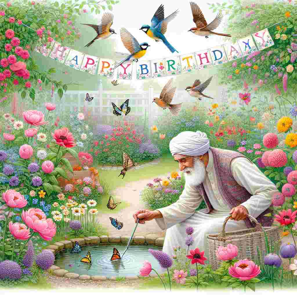 A quaint garden illustration where great grandad is tending to flowers, birds fluttering above with a banner in their beaks that says 'Happy Birthday'. The garden is lively with butterflies and a small pond reflecting the celebration.
Generated with these themes: great grandad  .
Made with ❤️ by AI.