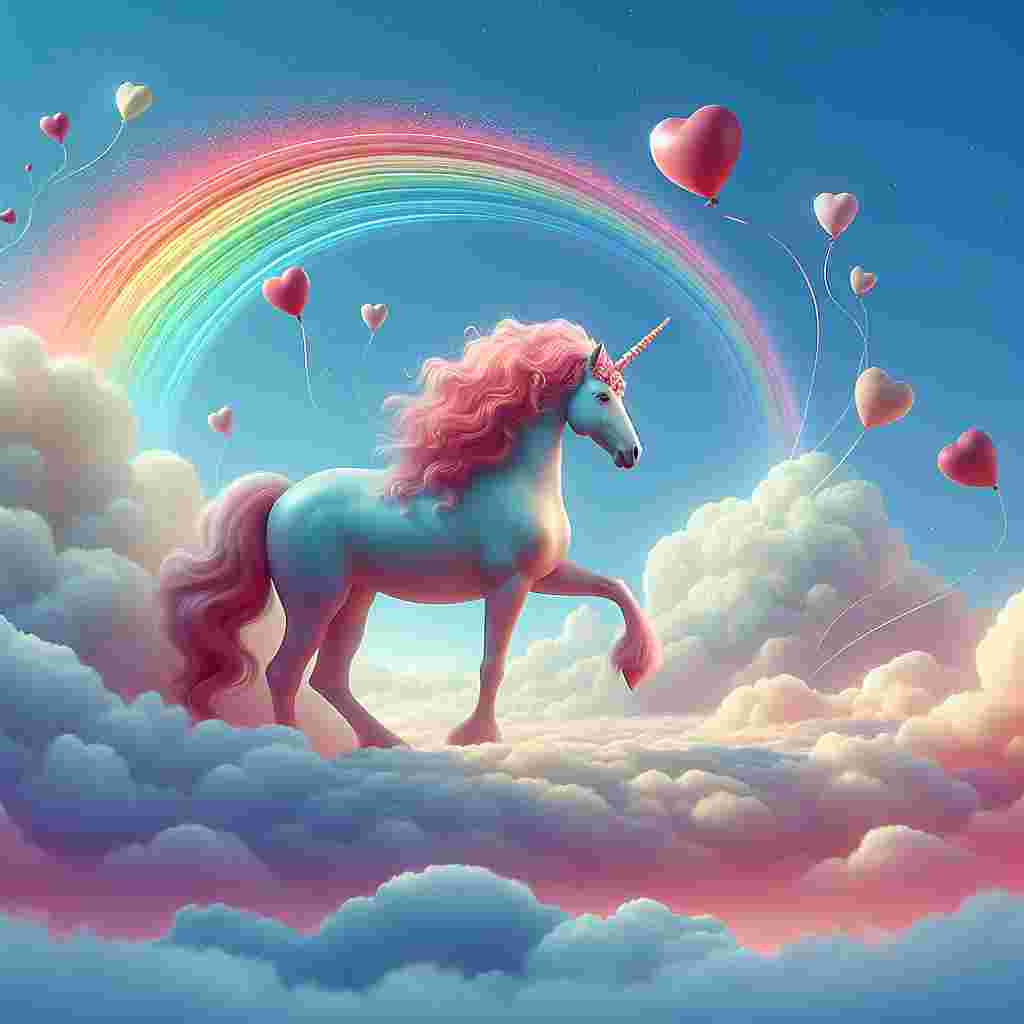 A delightful image depicting a calm and tranquil environment high in the heavens. Wispy white clouds are spread across a captivating azure backdrop. Centrally positioned, a gentle rose-hued mythical horse with a single horn, reminiscent of a unicorn, elegantly steps along a radiant arch of colors, resembling a rainbow, connecting one cloud to another. Its mane glistens with colors that harmonize with the beaming arc. Surrounding the fabled creature, heart-shaped balloons in diverse hues of shaded pink gently elevate, contributing whimsical and amorous characteristics to this fantastical scene associated with St. Valentine's Day.
Generated with these themes: Pink, Unicorn, Up in clouds, and Rainbow.
Made with ❤️ by AI.