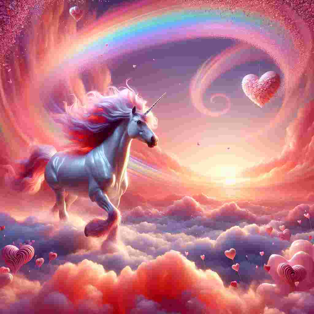 On a Valentine's Day scene, let your imagination soar high above the earth's surface. Here, the horizon is painted with a woven tapestry of fluffy clouds, beautifully tinged with the colors of the sunset. A magnificent unicorn, its glossy coat painted in soft shades of pink, is seen prancing joyfully at the end of a rainbow, almost camouflaging with the pastel shades around it. Observe the unicorn's lustrous mane, shimmering with all the colors of the rainbow it strolls on, thereby casting an enchanting glow. Watch as pink heart-shaped confetti appear to dance in the breeze, symbolizing and celebrating the spirit of love. Every intricate detail in the scene emanates a sense of endearing affection and joy.
Generated with these themes: Pink, Unicorn, Up in clouds, and Rainbow.
Made with ❤️ by AI.