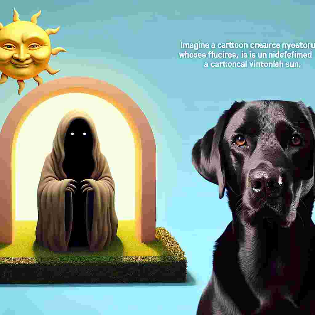 Imagine a cartoon scene where a mysterious creature, whose features are undefined, is placed within a whimsical, whimsical setting. Next to it, there's a Labrador Retriever of normal build. The Labrador has a glossy black coat that sparkles radiantly under the cartoonish sun. Its brown eyes, friendly and intelligent, add a realistic touch to this otherwise fantastical scene.
.
Made with ❤️ by AI.