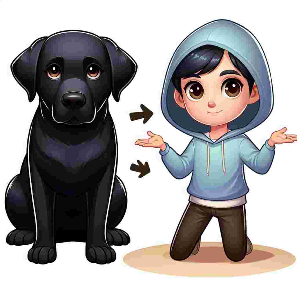 Create a charming cartoon scene featuring a well-proportioned Labrador Retriever with a black coat and soft, brown eyes that exude loyalty and love. Alongside it, illustrate an undefined animated character to contrast the detailed depiction of the dog. The Labrador Retriever should be the main focus, with the undefined character adding an element of mystique and whimsy to the overall composition.
.
Made with ❤️ by AI.