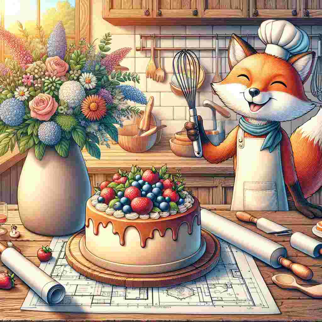 Create the image of a rustic kitchen filled with sunlight. On a wooden table, you'll see a bouquet of fresh flowers adding color to the scenery. A cheerful fox, clad in an apron, holds a blueprint in one paw, and a whisk in the other, suggesting a combination of baking and engineering. There's a farewell cake nearby, adorned with a small bottle of wine as a topper, epitomizing the blend of jubilation and sorrow that often accompanies goodbyes. The entire scene harmoniously merges elements of baking, engineering, and wine.
Generated with these themes: Baking, engineering, flowers, wine.
Made with ❤️ by AI.