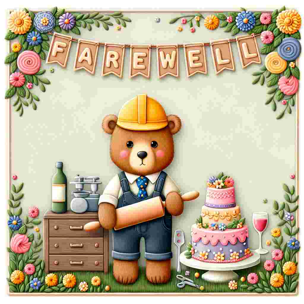 Generate an illustration of a well-dressed bear, garbed in an engineer's hard hat, standing amidst a field of vibrant flowers, holding a rolling pin in its paw. Overhead, there is a farewell banner designed with fondant decorations. In the backdrop, a whimsical table is set with a bottle of wine and a glass, creating a warm atmosphere for this affectionate send-off.
Generated with these themes: Baking, engineering, flowers, wine.
Made with ❤️ by AI.