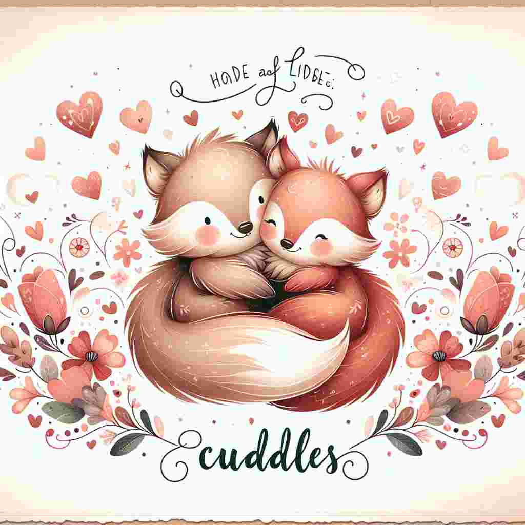 Create an image that showcases a heartwarming illustration of two endearing animals, of your choice, snuggled up closely depicting a soft and affectionate embrace. They are surrounded by a whimsical array of floating hearts and delicate flowers, celebrating the essence of love and companionship. Above the animals, the word 'Cuddles' is elegantly scripted, signifying the warmth and closeness associated with Valentine's Day.
Generated with these themes: Cuddles.
Made with ❤️ by AI.