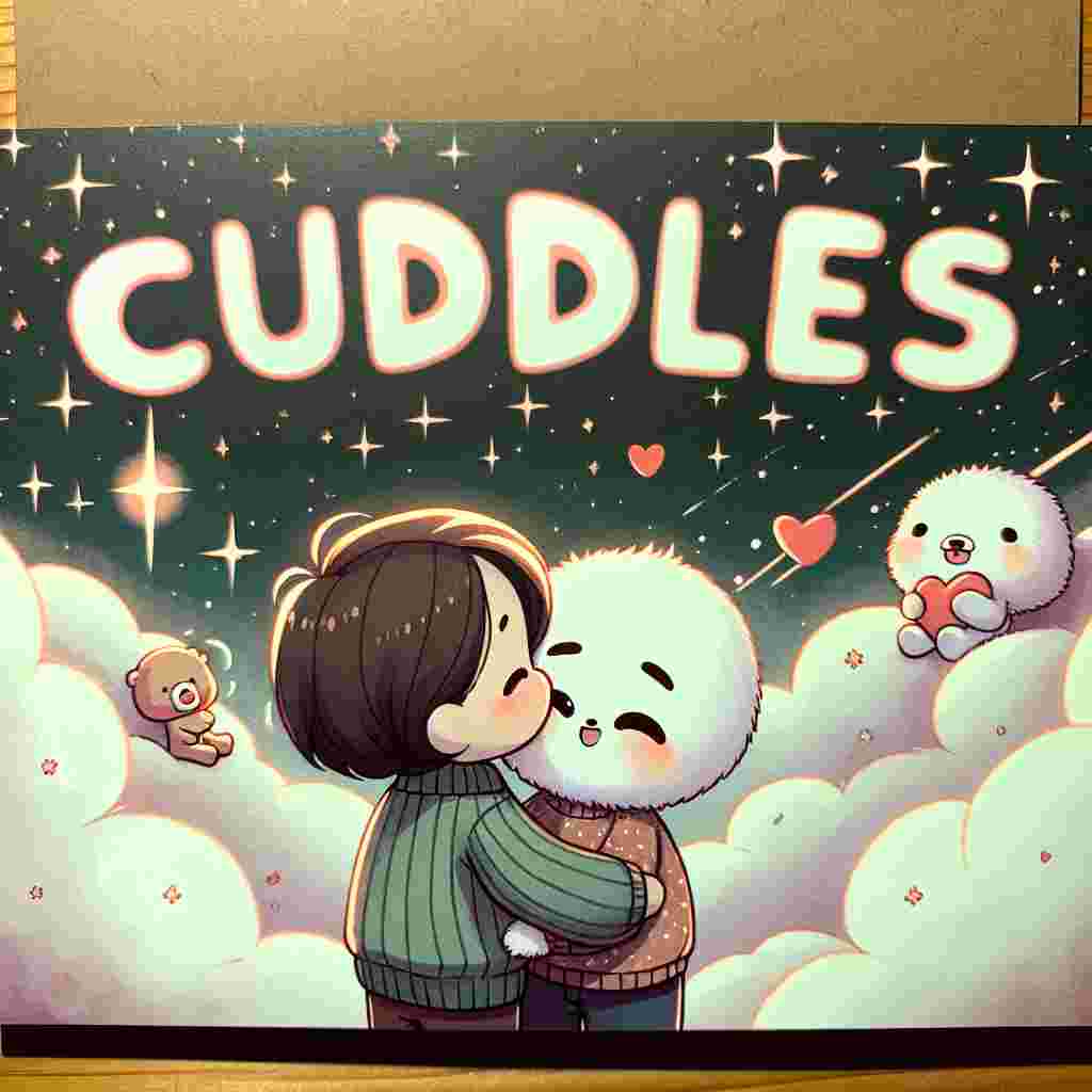 An endearing scene featuring two lovable cartoon characters of undefined gender and mixed descent engaged in a tender embrace beneath a sky dotted with shimmering stars. The ambiance of affection is highlighted with striking lettering of the word 'Cuddles' positioned subtly in the corner of the composition. The illustration is tastefully adorned with discrete symbols associated with Valentine's Day.
Generated with these themes: Cuddles.
Made with ❤️ by AI.