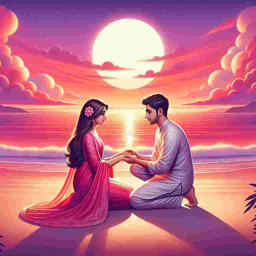 A heartwarming Valentine's Day illustration. The scene captures a South Asian woman and a Middle-Eastern man as a couple, lovingly holding hands on a sandy beach. They are basking in the afterglow of a breathtaking sunset. The sky is awash with warm hues of orange, pink, and purple, reflecting romantically on the peaceful sea waves. In the soft twilight, a full moon begins its ascent, adding a touch of magic and tranquility to the calm and serene scene.
Generated with these themes: SUNSET, BEACH, and FULL MOON.
Made with ❤️ by AI.