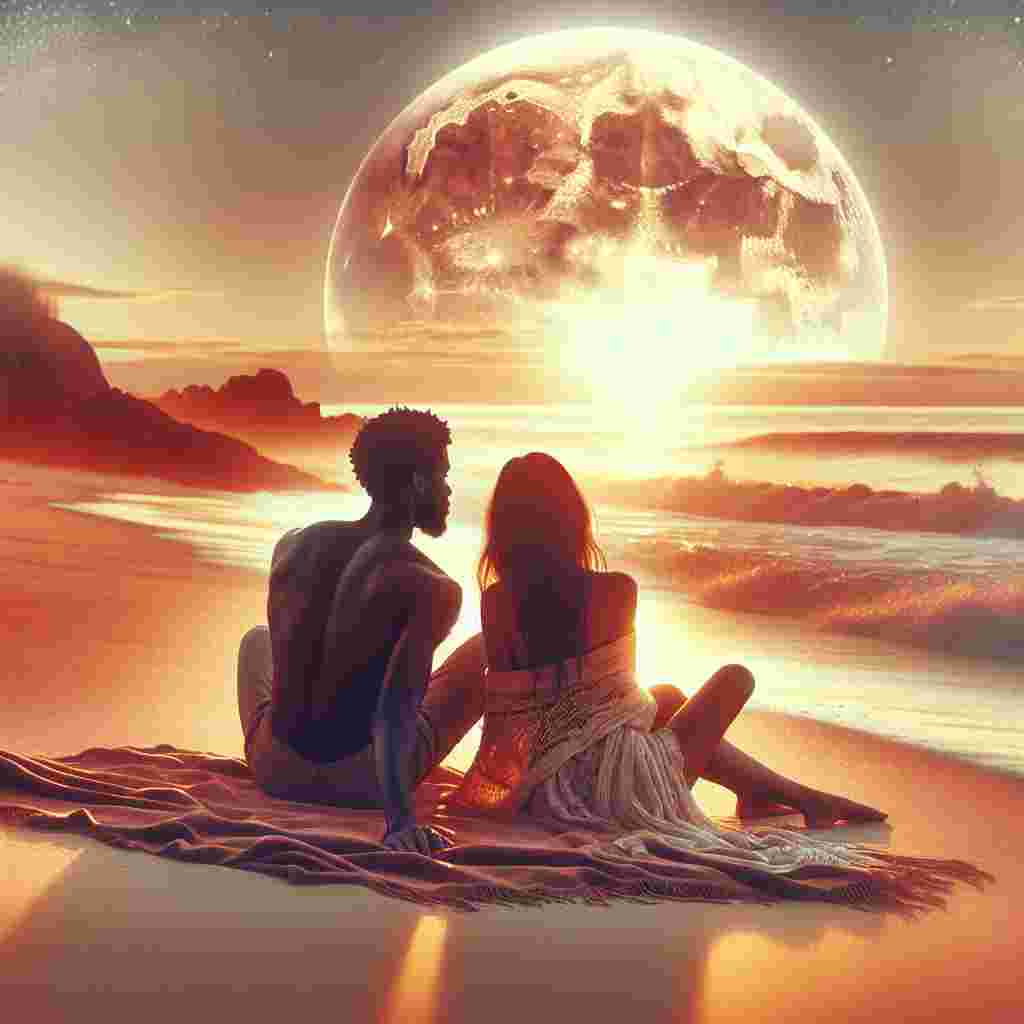 Create a romantic Valentine's Day illustration showcasing a dreamy beachscape as the sun sets, splashing a golden hue all over. Depict an affectionate couple, one a black man and the other an East Asian woman, comfortably seated on a snug blanket with their feet tucked into the chilly sand, captivated by a shimmering full moon that looms magnificently in the soft-hued sky. The tranquil whispers of the sea echo in the background, forming a rhythmic melody that highlights their celebration of love.
Generated with these themes: SUNSET, BEACH, and FULL MOON.
Made with ❤️ by AI.