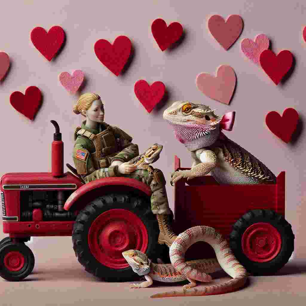 In this delightful tableau, a bearded dragon sporting a pink bow reclines on a diminutive red tractor featuring heart-infused motifs. Adjacent to the tractor, a Caucasian female soldier outfitted in combat uniforms tenderly cradles a serpent with petite scales shaped like hearts. The backdrop is imbued with a muted pink tone, and paper-style hearts styled like cut-outs drift about, conjuring a whimsical and unusual Valentine's Day festivity.
Generated with these themes: Tractors, Bearded dragon, Military, and Snakes.
Made with ❤️ by AI.