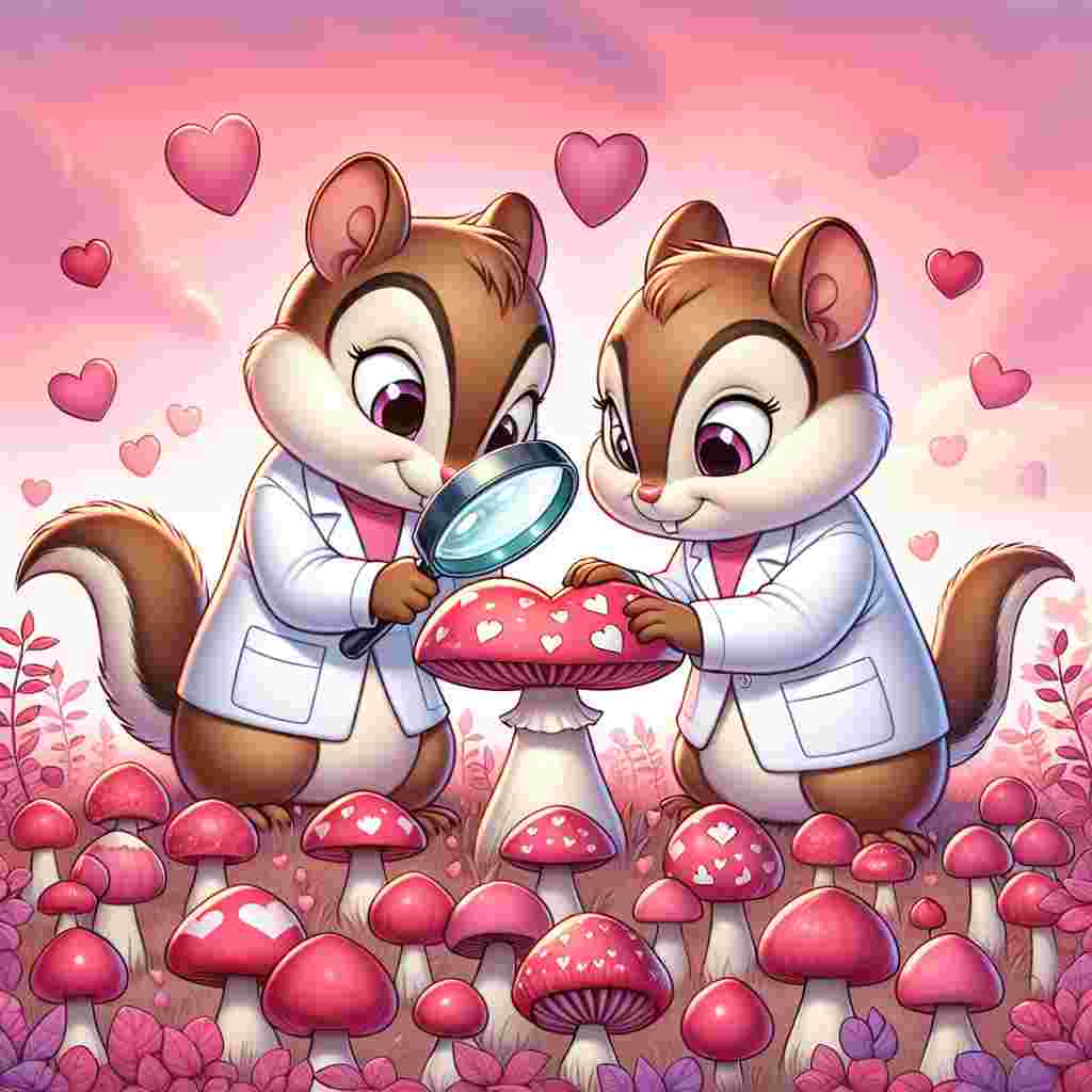Create a Valentine's Day themed cartoon illustrated with two chipmunks exploring a field of heart-shaped toadstools under a sky tinted with varying shades of pink. Each chipmunk is garbed in a mini white laboratory coat and is equipped with a magnifying glass, giving the scene a scientific undertone. Their tails are painstakingly twisted together with a ribbon into a heart shape, demonstrating their affection for each other amidst the whimsical Valentine's Day backdrop.
Generated with these themes: Chipmunks, Science , and Toadstools .
Made with ❤️ by AI.