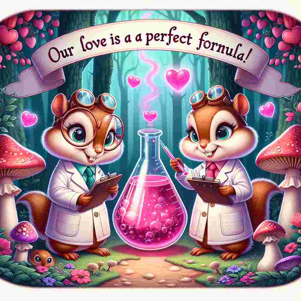 An enchanting Valentine's Day themed illustration of two chipmunks dressed in the attire of scientists in a magical forest. The forest is dotted with exotic heart-shaped toadstools. One chipmunk is holding a beaker, filled with shimmering pink liquid, and the other one is noting down observations. They're both donned in snug-fitting lab coats and protective goggles. Above them, a banner beautifully spells out 'Our Love is a Perfect Formula!'
Generated with these themes: Chipmunks, Science , and Toadstools .
Made with ❤️ by AI.