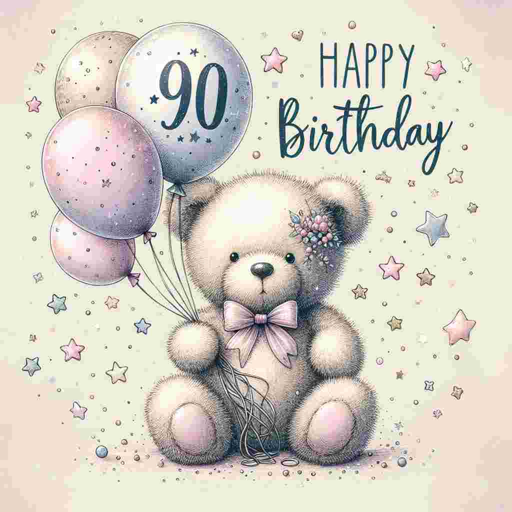 A charming drawing showcases a teddy bear holding a bouquet of balloons, with '90' prominently displayed on the two largest balloons. The teddy bear sits in front of a pastel-colored background sprinkled with tiny stars and confetti. Above the teddy bear, the phrase 'Happy Birthday' is written in a whimsical font, completing the festive mood of the illustration.
Generated with these themes: 90th  .
Made with ❤️ by AI.