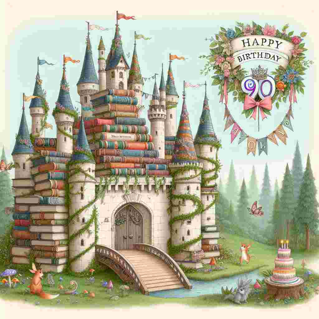 An enchanting illustration depicts a fairy-tale scene with a castle made out of books. At the castle's entrance, a banner drapes with the text 'Happy Birthday'. On the drawbridge, a majestic '90' is formed by magical vines, and friendly woodland creatures are gathered to celebrate, wearing tiny party hats and holding miniature cakes.
Generated with these themes: 90th  .
Made with ❤️ by AI.