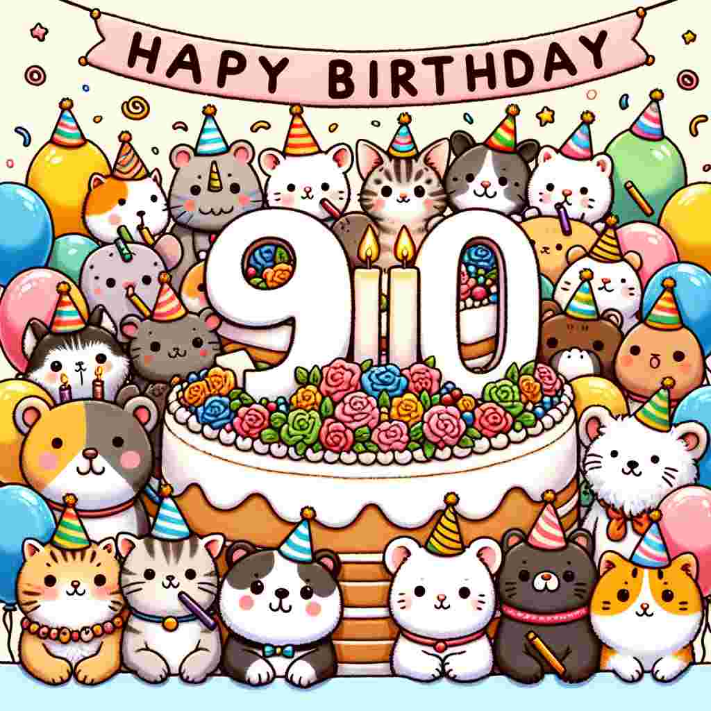 A heartwarming scene featuring a group of adorable animals gathered around a large '90th' shaped cake, with the numbers decorated with a playful icing design. The animals are wearing festive hats and party blowers in their mouths, and above them floats a banner with the text 'Happy Birthday' surrounded by colorful balloons.
Generated with these themes: 90th  .
Made with ❤️ by AI.